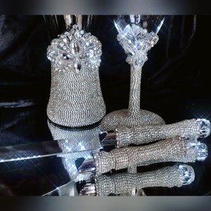 Gorgeous Wedding Champagne Flute and Beer mug & Cake Server Set, Cake Knife Set, Crystals Wedding Set, Bridal Shower Gift, Wedding Gift, 4pc