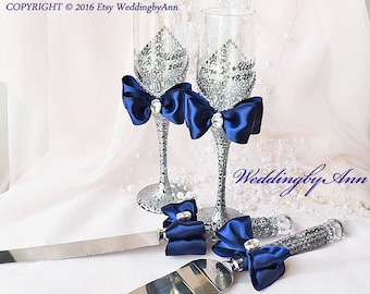 Parihy Set di coltelli e paletta per torta nuziale, calici da champagne per matrimoni, fidanzamenti, bicchieri da tostatura per coppie, sposi e sposi, set di 4 pezzi per matrimonio