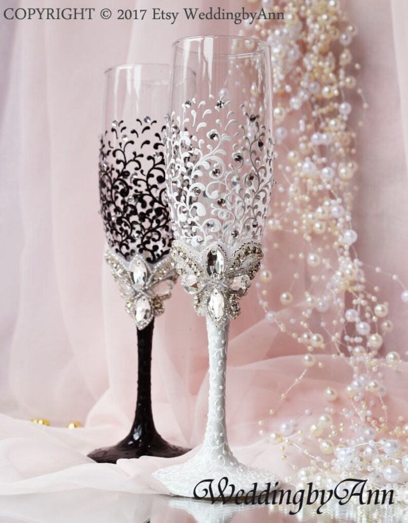 White and Black Champagne Flutes Wedding Flutes Toasting Etsy