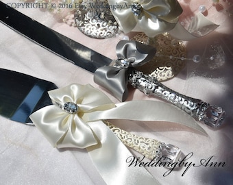 Ivory and Silver Cake Serving Set- Wedding Cake and Knife Serving Set- Wedding Cake Accessories, wedding gift, Bridal shower