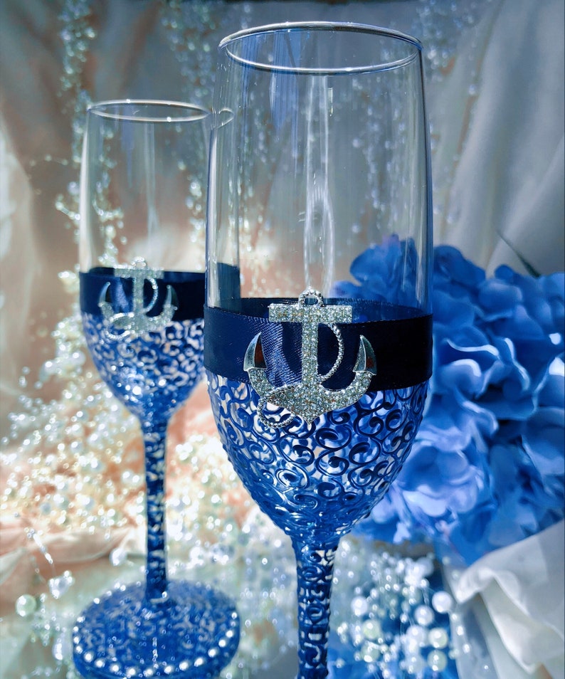 Nautical Wedding Champagne Glasses Marine Image 0