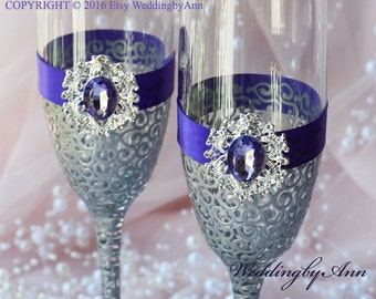 Purple Wedding Glasses, Toasting flutes, Purple Wedding Glasses, Purple Wedding, Silver wedding, Bridal shower gift