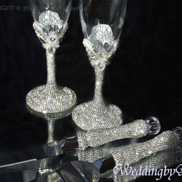 Gorgeous Wedding Champagne Flutes & Cake Server Set, Cake Knife Set, Crystals Wedding Set, Bridal Shower Gift, Wedding Gift, 4 pcs