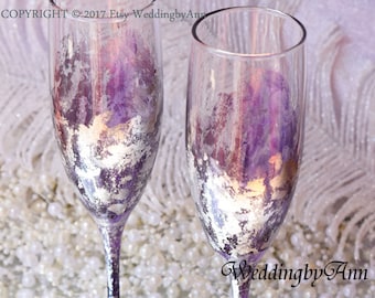 Purple and Silver Wedding Glasses, Toasting flutes, Wedding Flutes, Royal Wedding, Anniversary gift, Bridal shower gift, Set of 2