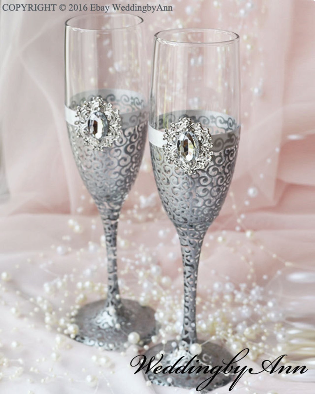 2024 2pcs Rhinestone Champagne Glasses Wedding Toasting Glasses Diamond  Glasses Long Handle Glassware For Wedding, Party, Anniversary (silver)