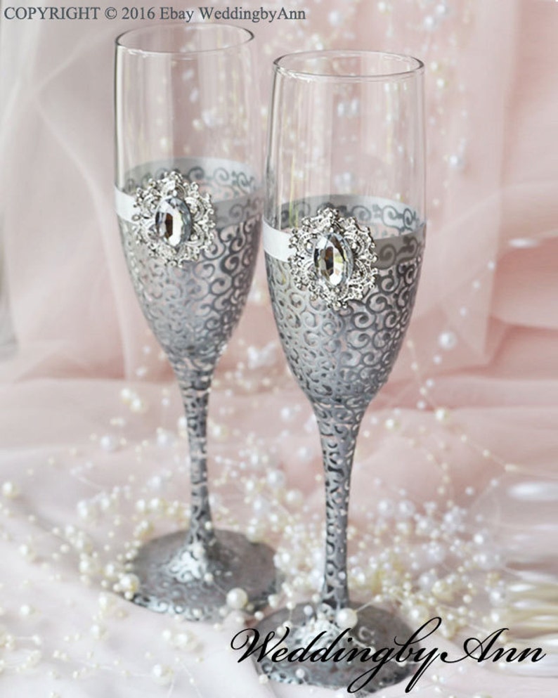 Silver Wedding Champagne Flutes Toasting Flutes Silver Etsy