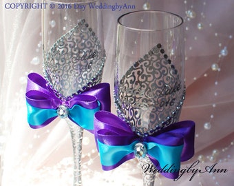 Peacock Colored Wedding Glasses, Silver Wedding Glasses, Wedding Champagne Flutes, Bride And Groom, Purple Wedding, Anniversary gift