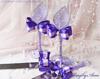 Purple Wedding glasses, Lavender Wedding, Wedding Cake Serving Set and Wedding Champagne Toasting Flutes, Toast glasses, Set of 4