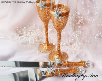 Beach Wedding glasses, Wedding Cake Serving Set and Wedding Champagne Toasting Flutes, Bride and Groom, Personalized wedding gift