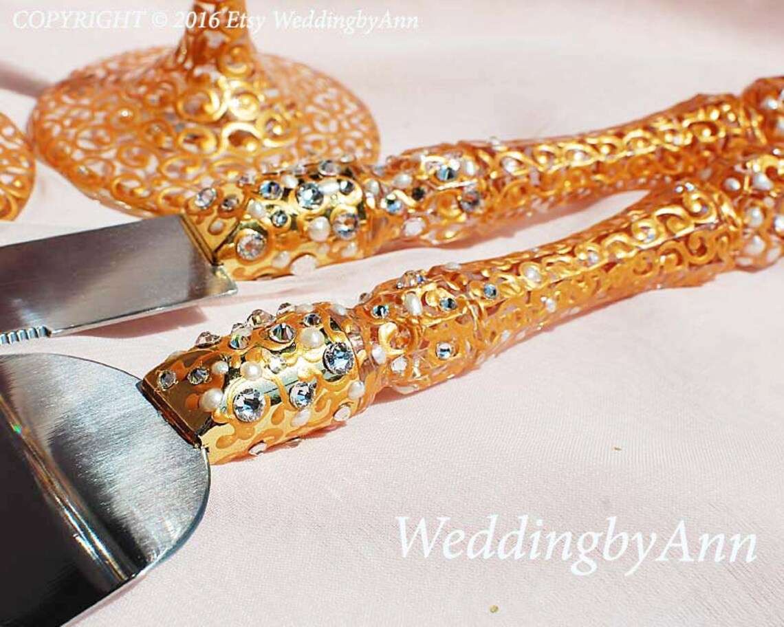 Gold Cake Serving Set Wedding Cake Server and Knive Set Etsy