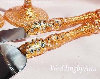 Juego de servicio de pastel de oro, Servidor de pastel de bodas y juego de cuchillos, Accesorios de pastel de bodas, Regalo de bodas, Despedida de soltera