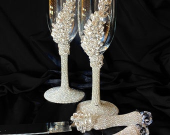 Silver Wedding Champagne Flutes & Cake Server Set, Cake Knife Set, Crystals Wedding Set, Bridal Shower Gift, Wedding Gift, 4 pcs