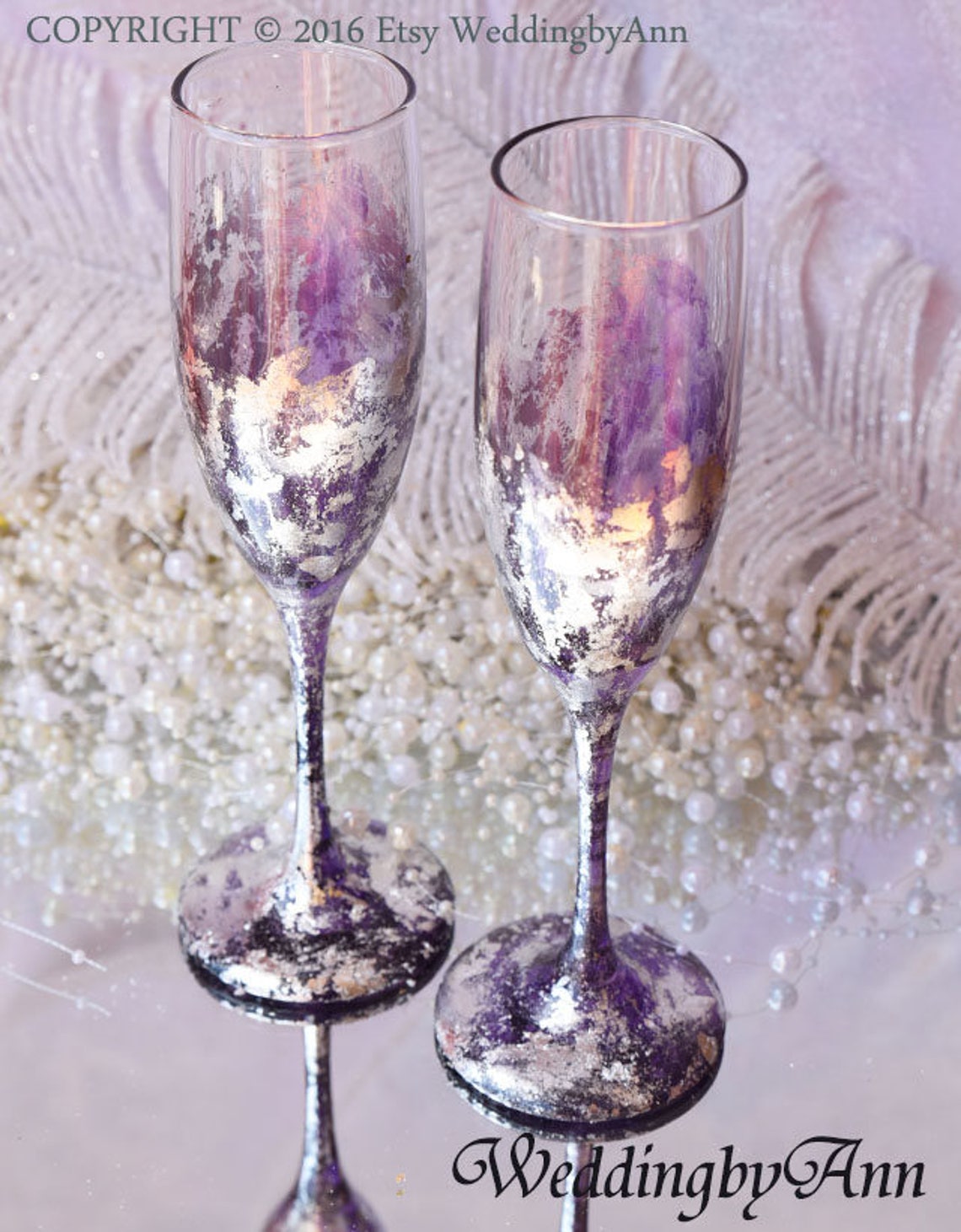 Purple and Silver Wedding Glasses Toasting flutes Wedding image 3