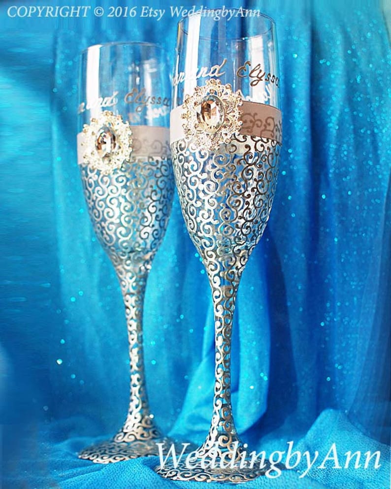 Silver Wedding Champagne Flutes Toasting Flutes Silver Etsy