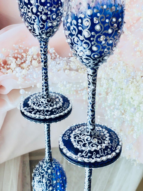 Crystal Navy toasting flutes set of 2. Engraved Wedding glasses for bride  and groom.