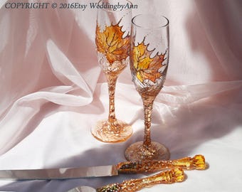 Fall Wedding Glasses with Matching Cake Serving set, Wedding Champagne Flutes, Bride And Groom, Toasting Flutes, Wedding gift, Set of 4 pc