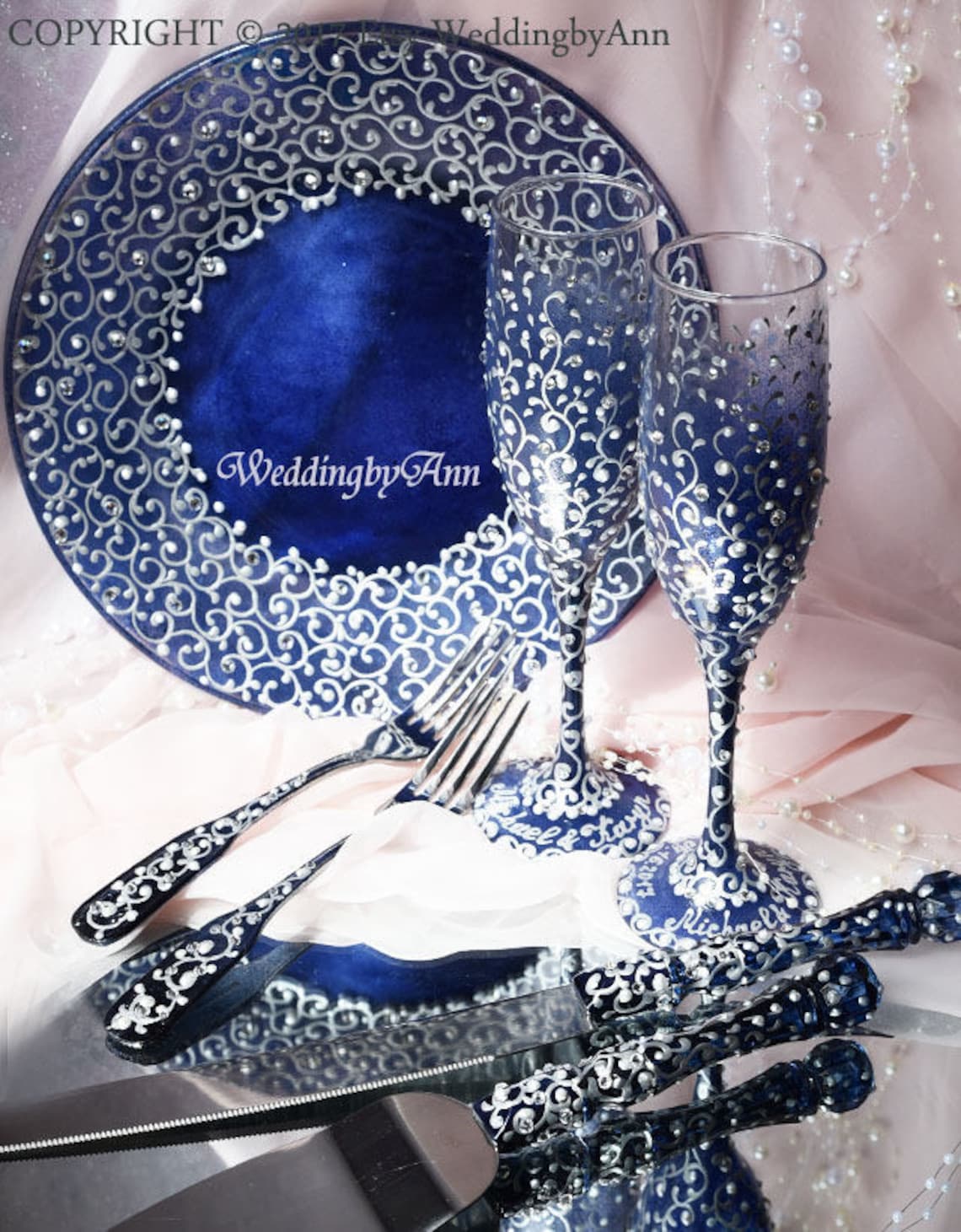 Wedding Champagne Flutes Cake Server Set Forks and Plate Navy