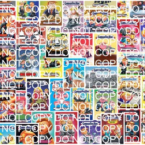 May include: A collage of colorful trading cards featuring cartoon characters with humorous expressions and slogans. The cards are from the Garbage Pail Kids series and feature various characters with names like "Trump" and "Obama".