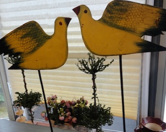 Pair Vintage Painted Metal Candle Holders Primitive Birds