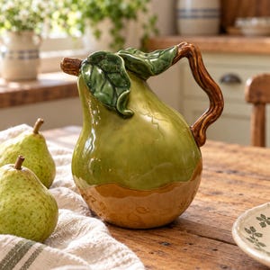 May include: A ceramic pitcher shaped like a pear with a glossy green body, a brown base, and a textured brown handle. The top features sculpted green leaves and a small stem. Two real green pears sit nearby on a white cloth.