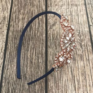 Flower girl headband, Rose gold headband, navy and rose gold headband, Rhinestone headband, navy headband, wedding headband, dressy