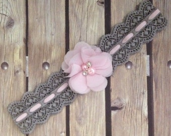 Grey headband vintage headband, grey and pink headband, halo, flower girl headband, flower girl, lace headband, vintage lace headband, baby