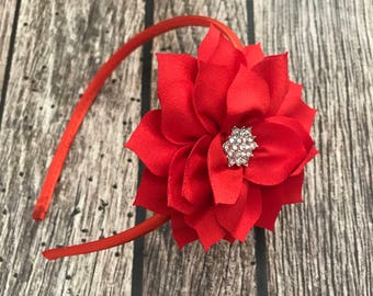 Red headband, Christmas headband, poinsettia headband, red poinsettia headband, holiday headband, flower girl headband, red headband,