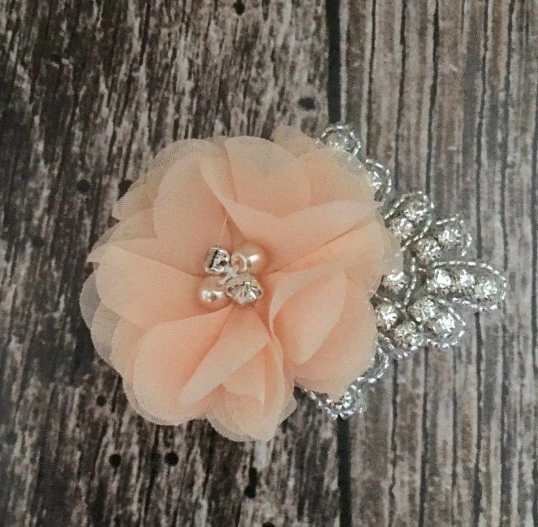 Peach Hair Clip, Flower Girl Hair Clip, Rhinestone Hair Clip, Flower