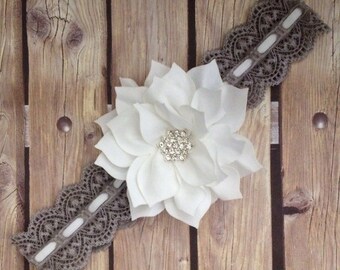 Grey headband, vintage headband, lace headband. Grey and white headband, flower girl headband, flower girl, baby girl headband, halo