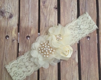 Lace floral headband, lace headband, vintage headband, ivory headband, ivory lace headband, flower girl