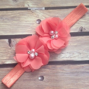 Sophia headband, coral headband, flower girl headband, flower girl, vintage headband, halo, orange headband, coral flower headband, chiffon