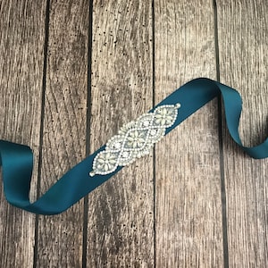 Teal sash, Flower girl sash, childrens sash, wedding sash, rhinestone sash, dress sash, teal