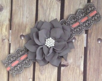 Grey and coral headband, grey headband, coral headband, vintage headband, flower girl headband, halo, baby headband, lace headband, vintage