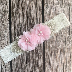 Pink headband, rhinestone headband, flower girl headband, vintage headband, lace headband, rhinestone and pear, flower girl