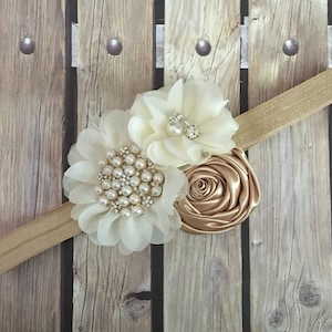 Ivory floral headband, gold headband, vintage headband, ivory and gold headband, ivory lace headband, flower girl, vintage headband,