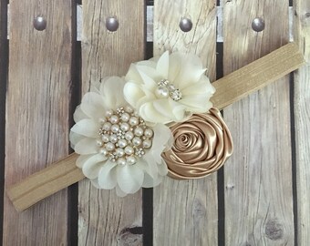 Ivory floral headband, gold headband, vintage headband, ivory and gold headband, ivory lace headband, flower girl, vintage headband,