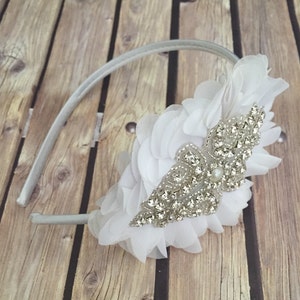 Flower girl headband, Rhinestone headband, white headband, wedding headband, dressy headband, formal headband, baby headband, flower girl