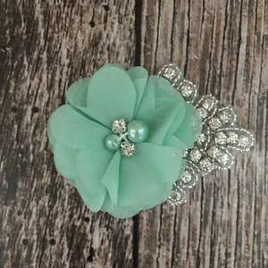 Mint hair clip, flower girl hair clip, rhinestone hair clip, flower hair clip, alligator clip, wedding clip