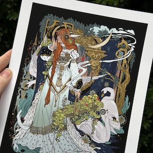 May include: A woman with long red hair and a white dress stands in front of a golden frame with a crescent moon. She holds a basket of flowers and is surrounded by white swans. The background is a dark blue with stars and a swirling pattern.