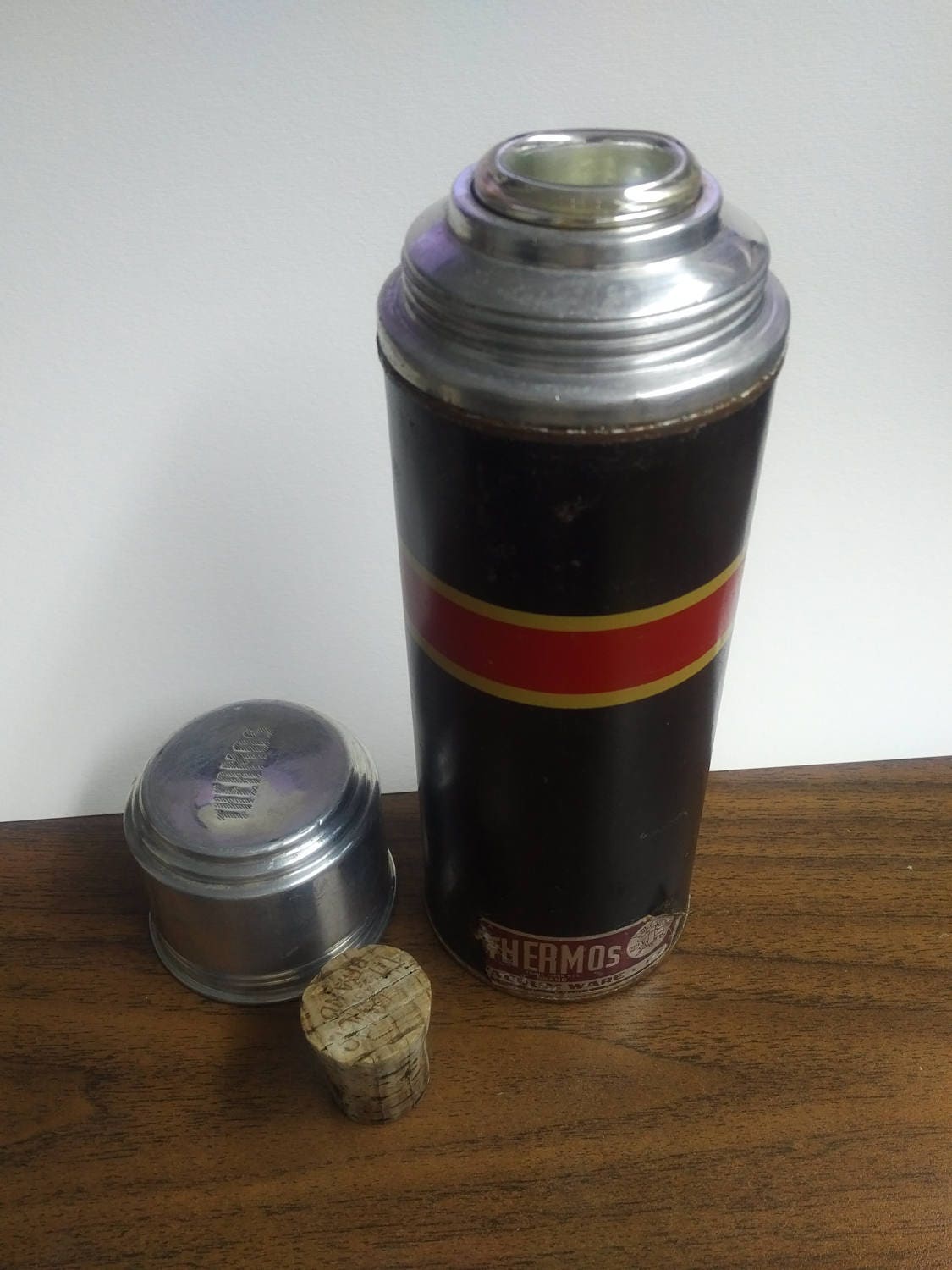 Vintage Black Thermos Brand Bottle with cork Etsy
