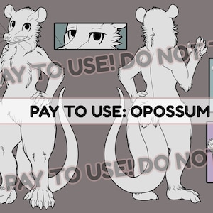 May include: A black and white line art drawing of an opossum character base. The image includes multiple poses and tail options. The text "PAY TO USE: OPOSSUM BASE" is at the bottom of the image.