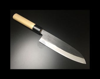 Japanese Chef Knife Aritsugu Black Santoku 180 mm 7" Blue Steel Sheath Personalized Name Gift