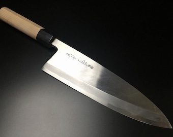 Japanese Chef's Knife ARITSUGU Deba Blue Steel Kitchen 210 mm 8.26" Engraved Name Betsuuchi Saya case Scabbard