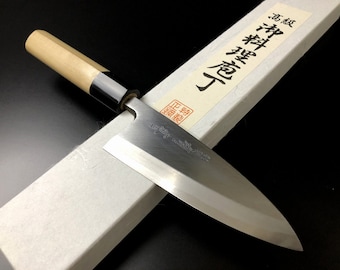 Japanese Chef's Knife ARITSUGU Deba Blue Steel Fillet Kitchen 135 mm 5.31" Engraved Name Saya case Scabbard