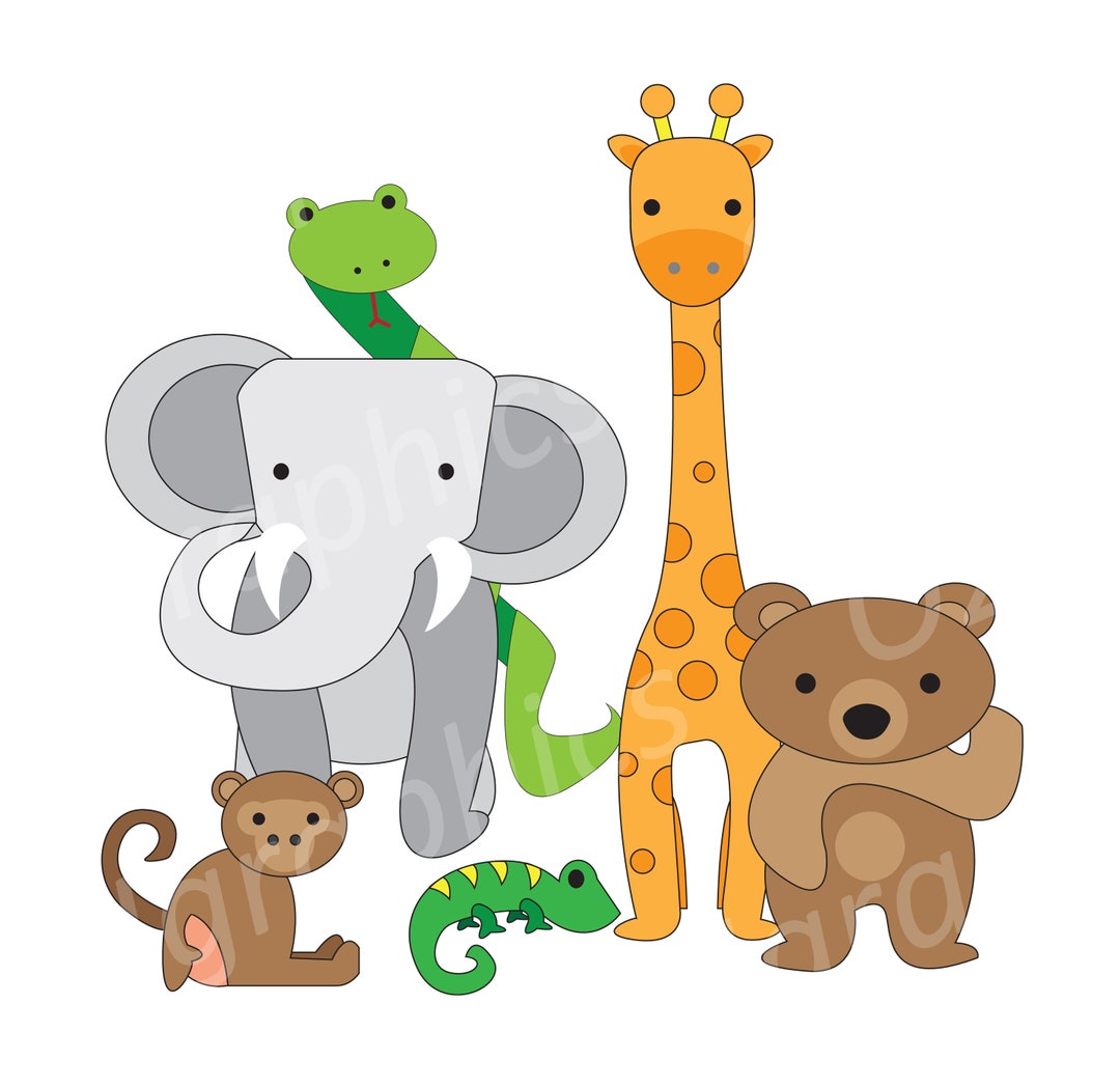 Cute Zoo Animal Clipart, Elephant, Bear, Giraffe, Snake, Iguana, Monkey ...