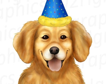 Birthday Golden Retriever Clipart, Sublimation Design, Watercolor Drawing, Animal Clipart, Dog Lover, Cute, Cute Clipart, Digital Download