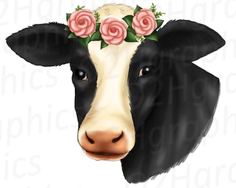 Clipart de vaca negra, diseño de sublimación, dibujo de acuarela, corona de flores, clipart de animales de granja, amante de la vaca, PNG, JPEG, SVG, descarga digital