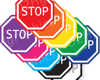 Colorful Stop Sign Clipart Set, Traffic Clipart, Vector Clipart, Digital Scrapbooking, Graphic Artwork, PNG, Jpeg, SVG, Digital, Commercial