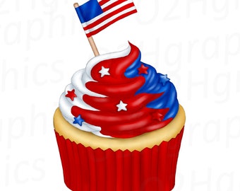 4th of July Clipart, Sublimation Design, Watercolor Drawing, Cupcake Clipart, Bakery Clipart, JPEG, PNG, SVG, Printable, Digital Download