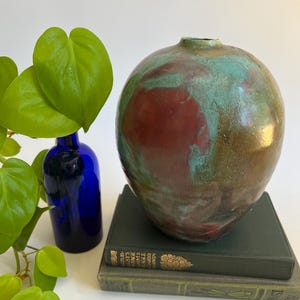 Handmade Raku Ceramic Vase: Turquoise & Red Rustic Art Pottery